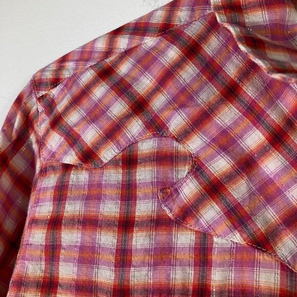 Womens Vintage Long Sleeve Western Pearl Snap Shirt M Pink Orange White - Picture 5 of 7